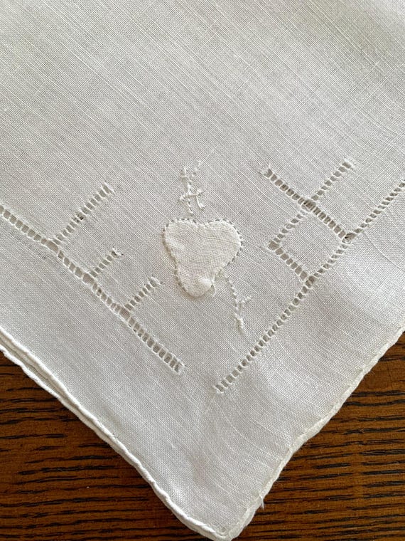 Vintage Irish Linen Handkerchief: Appliqued Berry, Drawn Thread Work
