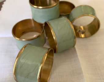6 Vintage Enamel &Brass Napkin Rings, Celadon Green, India