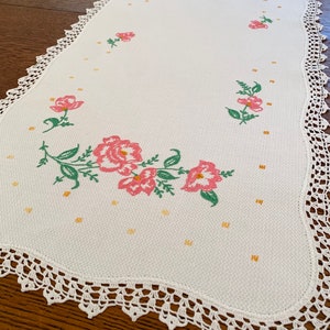38&quot; Embroidered Vintage Table Runner / Dresser Scarf, Pink Roses