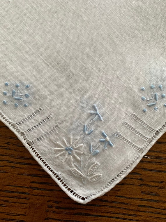 Vintage Pale Blue Hand Embroidery on White Handker