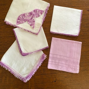 Lot of 5 Vintage Handkerchiefs, Lavender Crochet, Excellent Condition