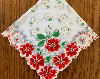 Vintage Summer Flowers Printed on White Cotton Handkerchief, Excellent Condition