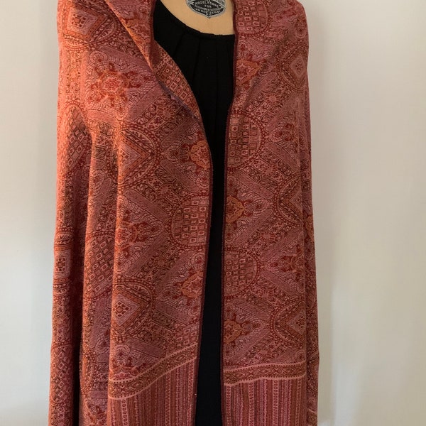 Vintage Classic Woven Pashmina - Like Shawl, Pinks and Reds, India