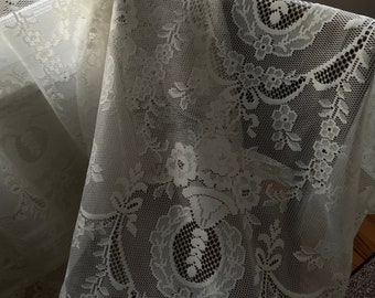 French Cotton Lace Window door Curtain drape LONG with fringed bottom edge.