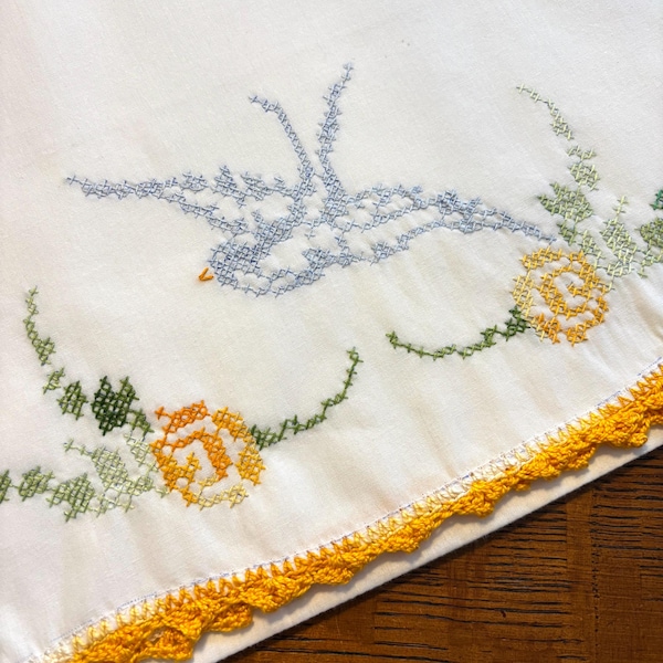 Vintage Bluebird Pillowcase, Hand Embroidered, Minor Issues