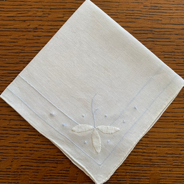 Vintage Pale Blue Embroidery and Leaves on Ivory Linen Handkerchief, 1 Tiny Hole to Mend