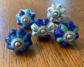 5 Vintage Ceramic Flower Knobs: Hand-Painted Blue Green Drawer Pulls