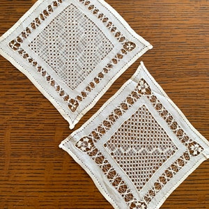 2 Vintage Silk Doilies with Drawn and Pulled Thread Lace Embroidery Work