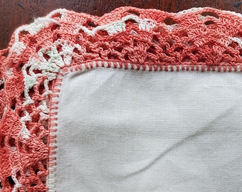 Vintage Handkerchief with pink and white handmade lace, cotton hankie, ephemera for junk journal