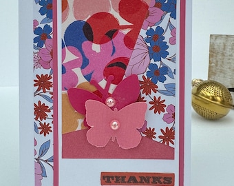 Handmade Thank You Card with Layered Butterfly – Pink Floral Dimensional Greeting Card – Blank Inside