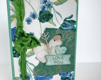 Handmade Botanical Love Card, Butterfly & Sari Ribbon, Anniversary Wedding