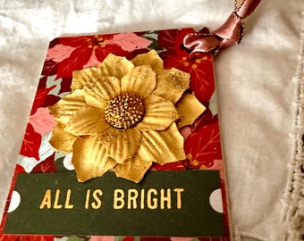 Poinsettia Gift Tag | Handmade Christmas Tag | Reusable Holiday Decor or Wine Bottle Keepsake