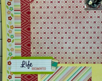 Premade Scrapbook Page, Memories| Red Green Floral "Life Documented" 12x12 Layout | Family Memory Keeping