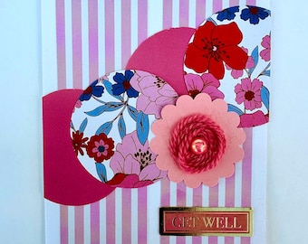 Get well handmade card, Pink Stripe, Cozy Yarn Button