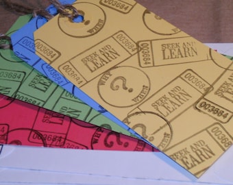 TAGS BOOKMARKS / Primary Colors and White Hand Stamped Matching Coin Envelopes / Teacher Book Clubs