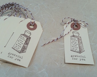 Tags, Grateful For You Thank You Tags,  Set of 8 / Food Grater /  Gift Packaging, Party Favors - Hand stamped / Envelope Option