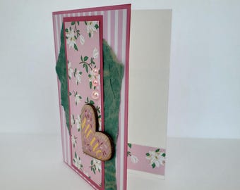 Handmade Floral Hello Card, Wooden Heart, Friendship Card