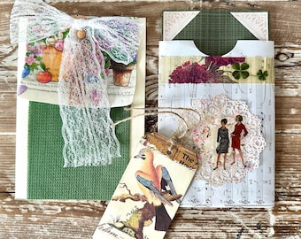 Junk Journal Ephemera Set: Handmade Fabric Flip Card, Bird Tag & Folio