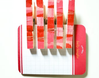 Clothespin Clips, Decorative Fastener, Office, Kitchen, Party Supplies. Pink Red Design.  Full Size Set of 5