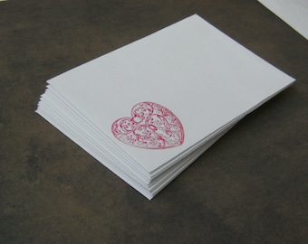 ENVELOPES, set of 10 envelopes Red Scroll Heart, Hand stamped small White envelope, - 3 5⁄8 x 5 1⁄8" A1 Size