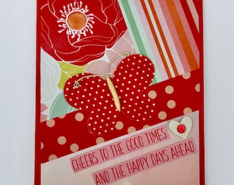 Handmade Cheers Card, Good Times Celebration Sentiment, Red Polka Dot Butterfly, Dimensional Greeting Card