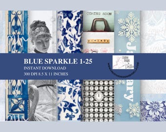 Blue Sparkle Junk Journal Kit, Winter Ephemera, Collage Sheets (PDF, JPG)