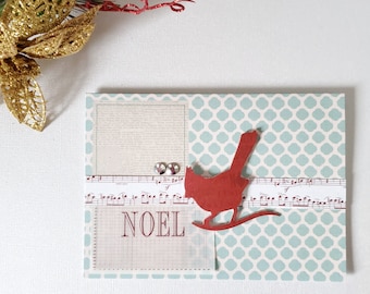 Handmade Christmas Card: Noel Bird, Music Notes, Photo Insert