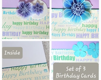 Birthday Card Set, 3 card set, Birthday Typography, Full size folded cards with envelopes