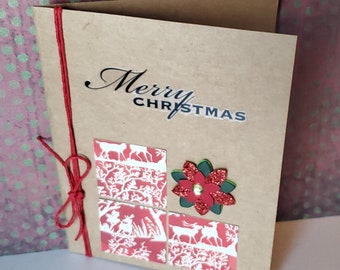 Merry Christmas card, poinsettia, deer paper,  teresa collins paper