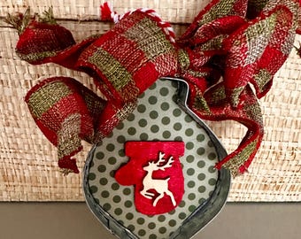Rustic Red Mitten Ornament with Reindeer and Tree, Handmade Holiday Decor, Plaid Bow Hanger