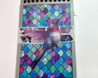 Upcycled Hummingbird Spiral Notebook 4x6 Lined Pocket Journal & Hidden Paper Clip