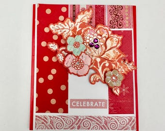 Handmade Red Floral Celebrate Card, Rhinestone Embellishments
