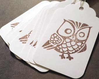 Hand Stamped Owl Gift Tags: Brown Ink, Fall Thanksgiving - Set of 8