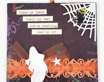 Halloween Wall Art, Trick or Treat, Black Metal Mixed Media Decor