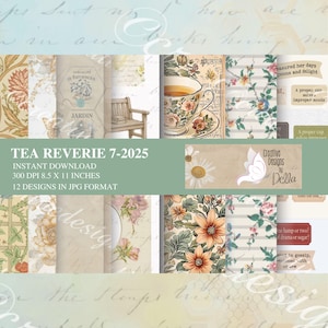 Tea Reverie Printable Digital Paper Kit | Floral Junk Journal Papers | Vintage Tea Ephemera & Bookmarks | Instant Download 12 JPG Files