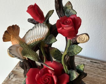 Hummingbird & Roses Porcelain Figurine | Vintage Floral Bird Statue | Hand Painted Nature Collectible Decor
