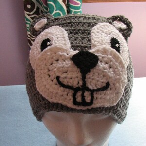 May include: Grey crocheted hat with a white crocheted face and black eyes, nose, and mouth. The hat has ear flaps and is designed to look like a squirrel.