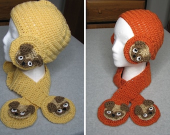 Pug Dog Applique Hat and Scarf Crochet Pattern - Instant Download