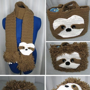 Sloth Hat, Scarf and Tote Bag Crochet Pattern with or without Fur - Digital Download