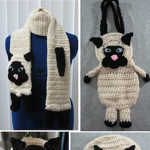 Siamese Cat Hat, Scarf and Purse Crochet Pattern Set with Tutorials - Digital Download