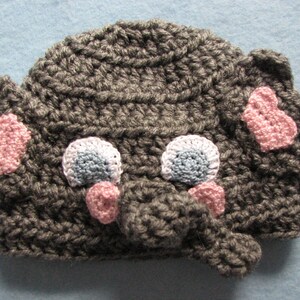 May include: Gray crocheted elephant hat with pink ears, a gray trunk, and blue and white eyes.