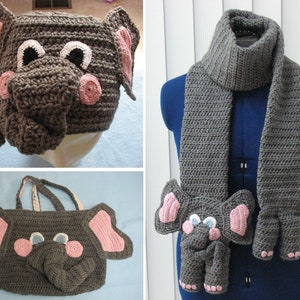 Elephant - Hat, Scarf and Tote Bag Crochet Pattern - Digital Download