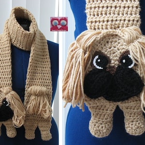 May include: A crocheted scarf with a Pekingese dog design. The scarf is beige and the dog is brown with black eyes and a brown nose.