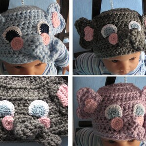 May include: Three crocheted elephant hats in different colors: light blue, gray, and purple. Each hat has pink ears, a gray trunk, and blue eyes with white accents.