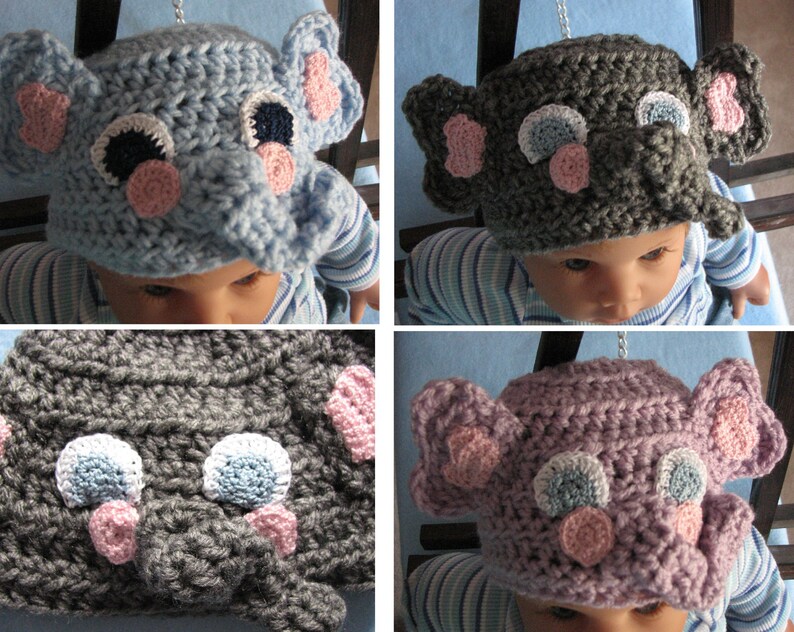 May include: Three crocheted elephant hats in different colors: light blue, gray, and purple. Each hat has pink ears, a gray trunk, and blue eyes with white accents.