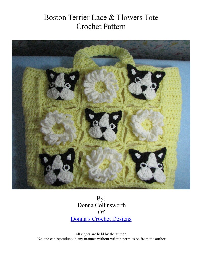 May include: A yellow crochet tote bag with a Boston Terrier dog and flower design. The bag has a handle and is made with a crocheted lace pattern.