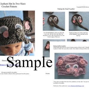 May include: A crochet pattern for an infant elephant hat in two sizes. The pattern includes instructions for crocheting the hat, ears, and trunk. The pattern is written in English and includes abbreviations for common crochet stitches.