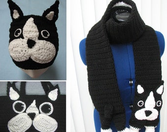 Boston Terrier - Hat, Scarf and Tote Bag Crochet Pattern with Tutorials - Digital Download