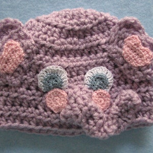 May include: A purple crocheted hat with pink and blue accents. The hat has two large ears and a small nose. The hat is decorated with small crocheted hearts and circles.