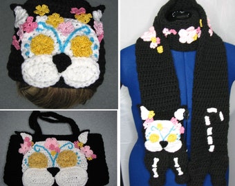 Cat - Hat, Scarf and Tote Bag Crochet Pattern - Day of the Dead Theme - With Tutorials - Digital Download